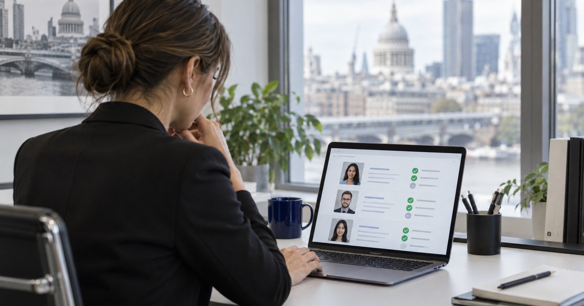 A recruiter in a London office reviewing a ranked shortlist of candidates on a laptop