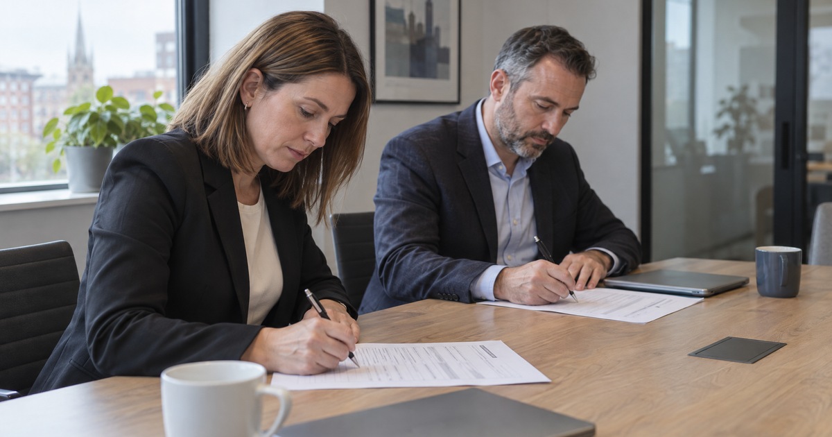 Two interviewers at a meeting-room table in a city office, each filling in a printed scorecard with a pen after an interview