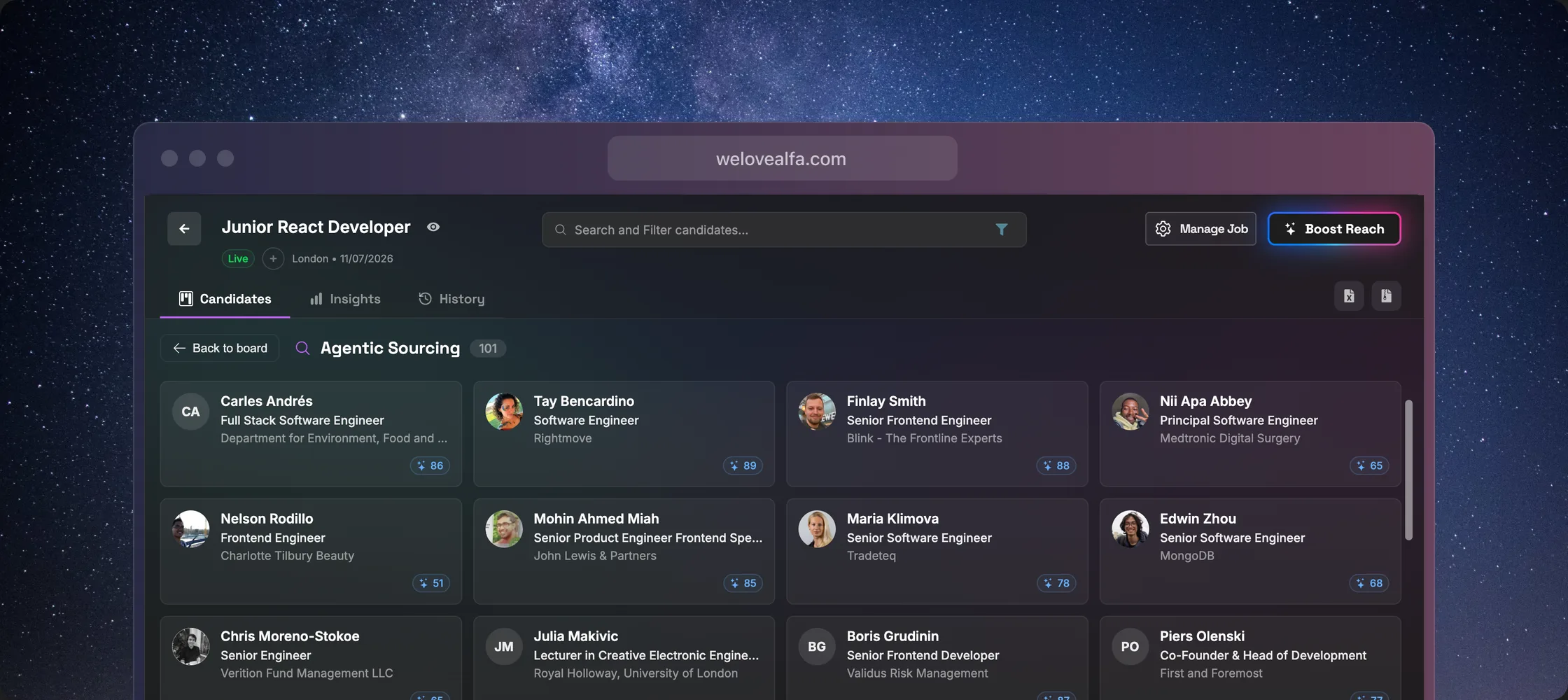 AI-sourced candidates for a live role, each with a suitability score
